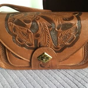 Vintage Handmade Mexico Leather "AZTECA" Crossbody Bag.